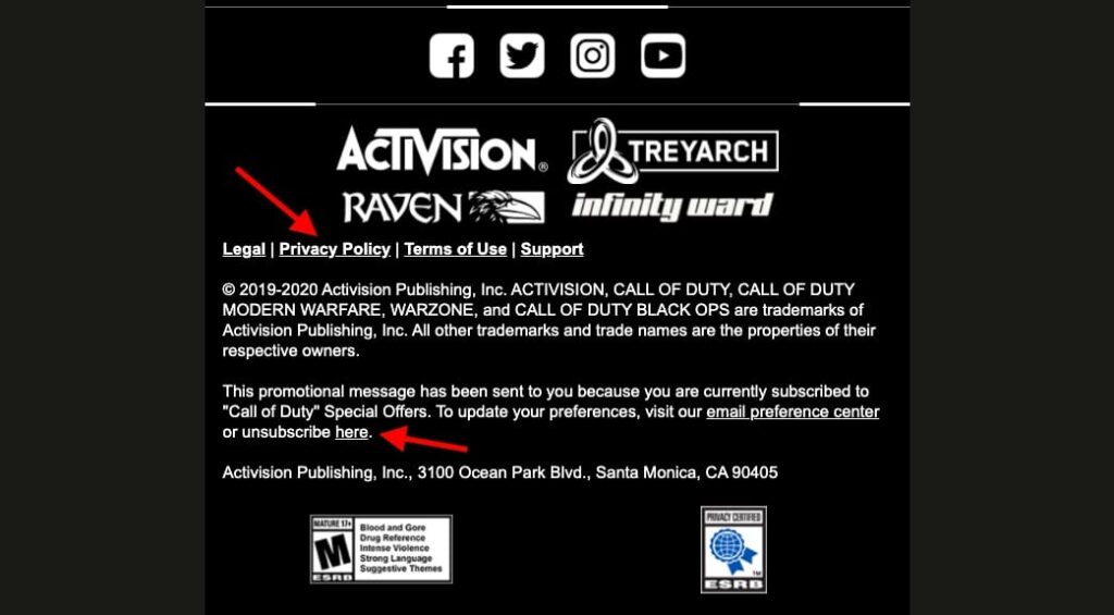 activision email legal policy screenshot