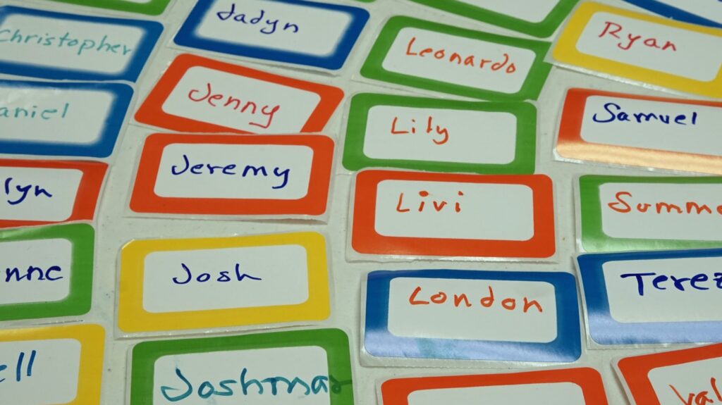 colorful name tags