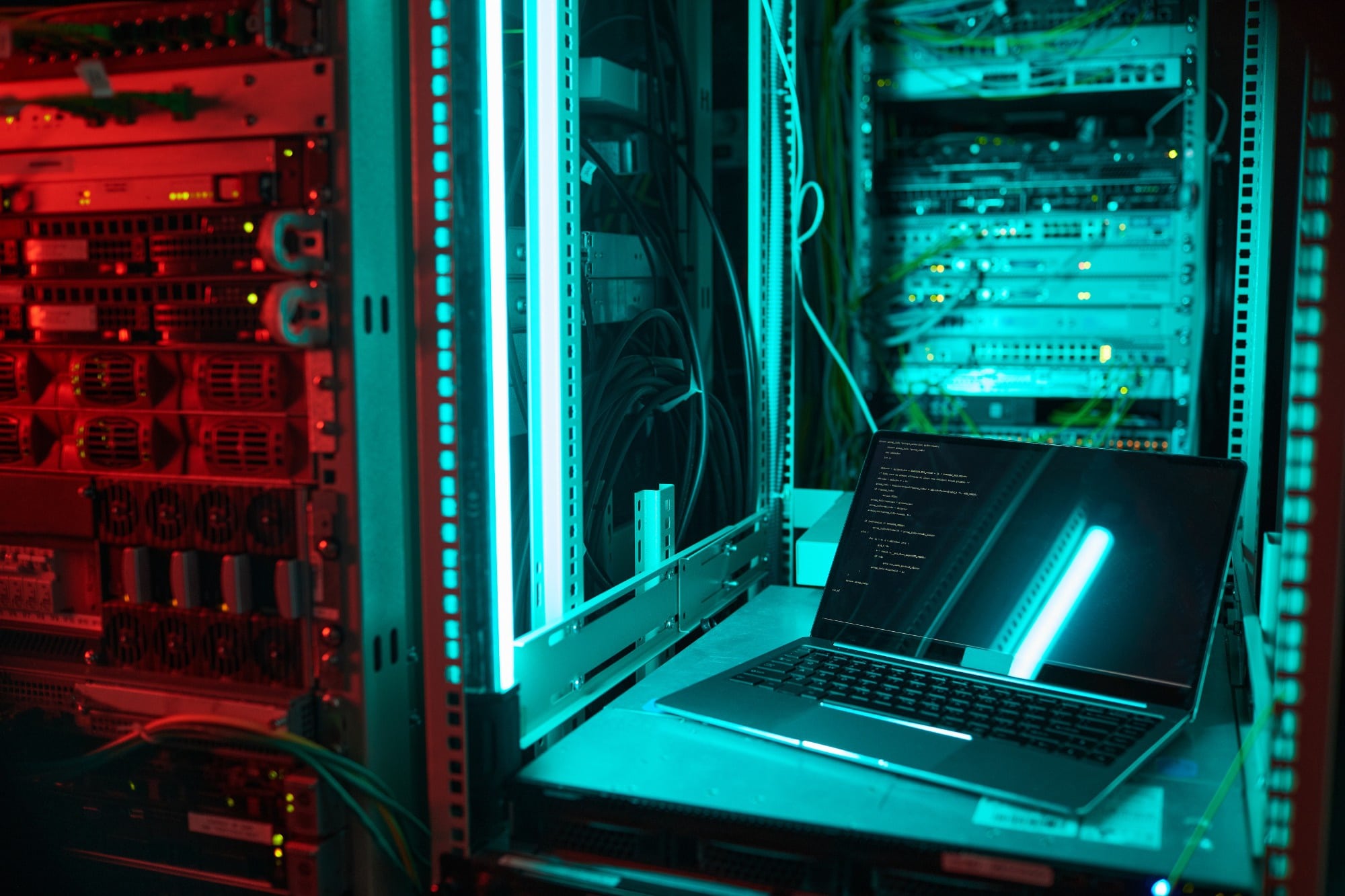 data center background with lit workstation