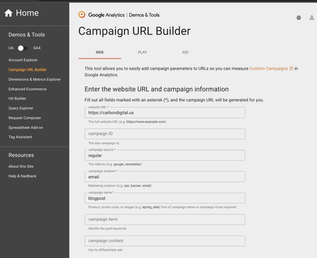 google analytics utm campaign builder screenshot