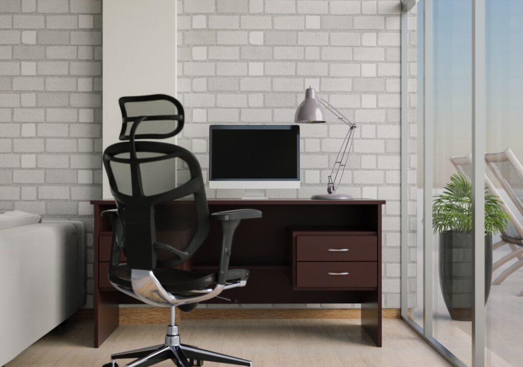 office room with furniture and desktop computer with large glass windows