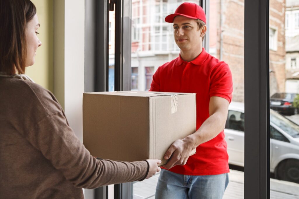 purchase from online store and delivery girl receiving package