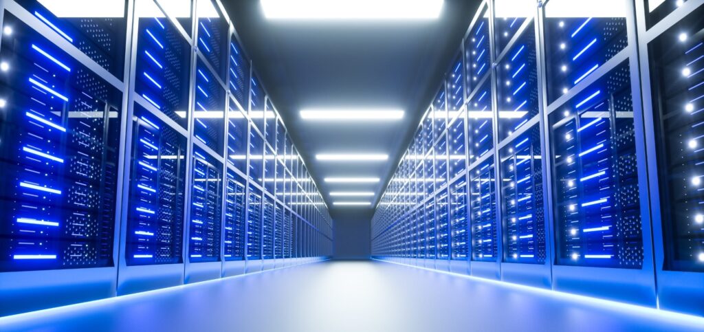 server room interior in datacenter 3d render blue